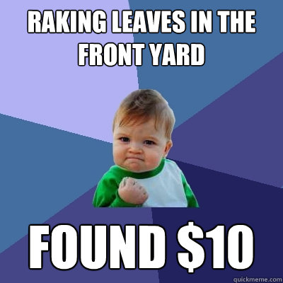 Raking leaves in the front yard Found $10  Success Kid