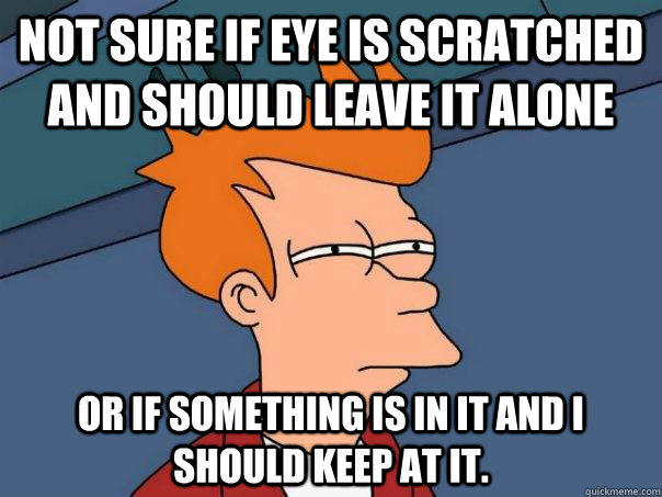 Not sure if eye is scratched and should leave it alone Or if something is in it and I should keep at it.  Futurama Fry