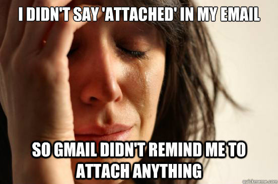 I didn't say 'attached' in my email so gmail didn't remind me to attach anything  First World Problems