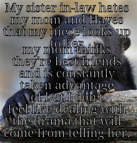 MY SISTER IN-LAW HATES MY MOM AND HAYES THAT MY NIECE LOOKS UP TO HER MY MOM THINKS THEY'RE BEST FRIENDS AND IS CONSTANTLY TAKEN ADVANTAGE OF BUT I DON'T FEEL LIKE DEALING WITH THE DRAMA THAT WILL COME FROM TELLING HER. Confession Bear