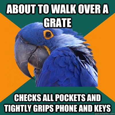 About to walk over a grate Checks all pockets and tightly grips phone and keys  Paranoid Parrot