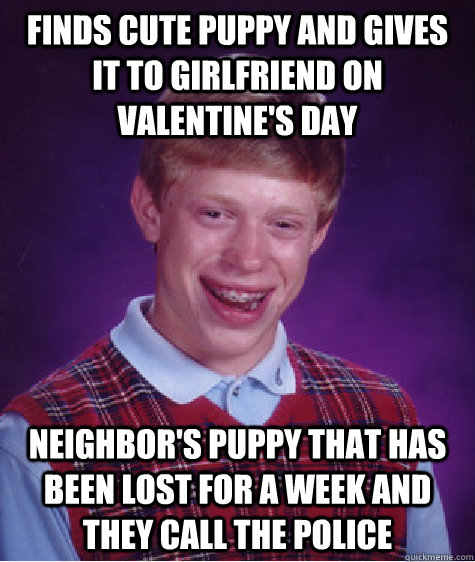 Finds cute puppy and gives it to girlfriend on Valentine's Day Neighbor's puppy that has been lost for a week and they call the police  Badluckbrian