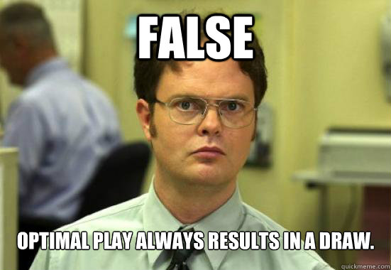 False Optimal play always results in a draw. - False Optimal play always results in a draw.  DCIM shrute
