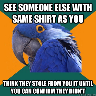 See someone else with same shirt as you Think they stole from you it until you can confirm they didn't  Paranoid Parrot