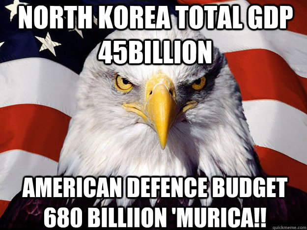 NORTH KOREA TOTAL GDP 45BILLION American defence budget 680 billiion 'murica!!  Patriotic Eagle