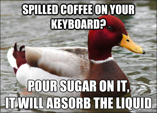 SPILLED COFFEE ON YOUR KEYBOARD? POUR SUGAR ON IT,
IT WILL ABSORB THE LIQUID  Malicious Advice Mallard