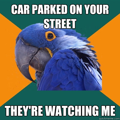 car parked on your street they're watching me  Paranoid Parrot