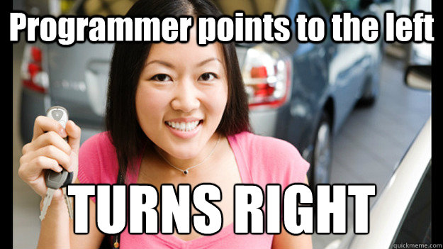 Programmer points to the left TURNS RIGHT  Female Asian Driver