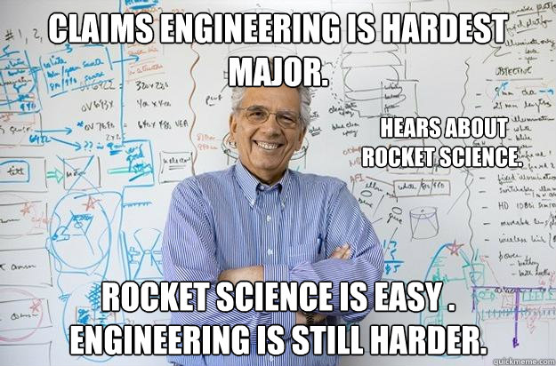 Claims Engineering is hardest major. Rocket Science is Easy . Engineering is still harder.  Hears about rocket science.  - Claims Engineering is hardest major. Rocket Science is Easy . Engineering is still harder.  Hears about rocket science.   Engineering Professor