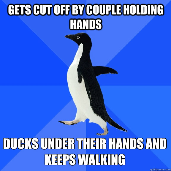 gets cut off by couple holding hands Ducks Under their hands and keeps walking  Socially Awkward Penguin