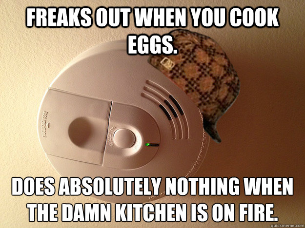 Freaks out when you cook eggs. Does absolutely nothing when the damn kitchen is on fire. - Freaks out when you cook eggs. Does absolutely nothing when the damn kitchen is on fire.  Misc
