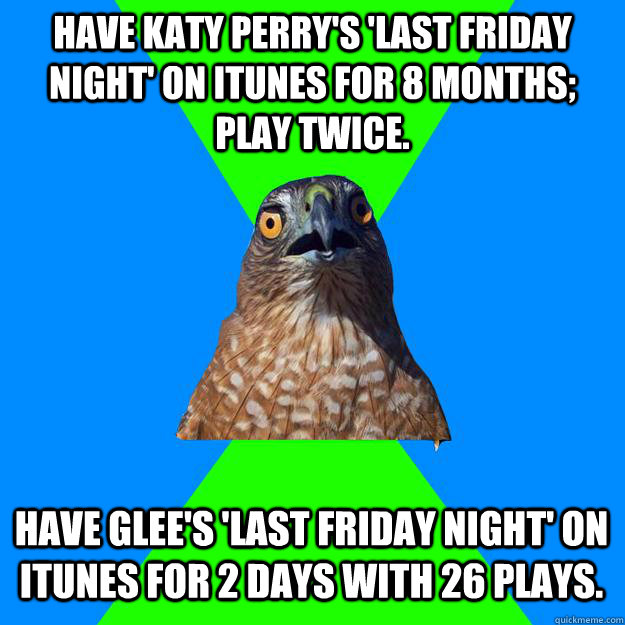 Have katy perry's 'last friday night' on itunes for 8 months; play twice. have glee's 'Last friday night' on itunes for 2 days with 26 plays.  Hawkward