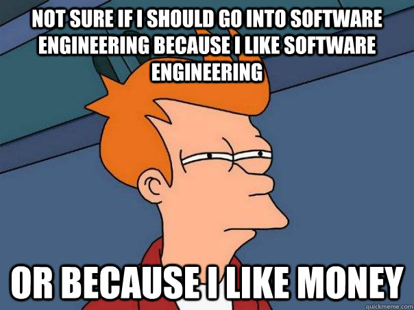 not sure if i should go into software engineering because I like software engineering or because I like money - not sure if i should go into software engineering because I like software engineering or because I like money  Futurama Fry