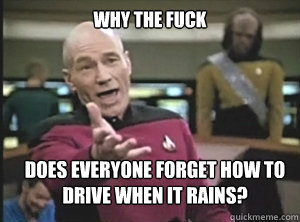 why the fuck does everyone forget how to drive when it rains?  Annoyed Picard