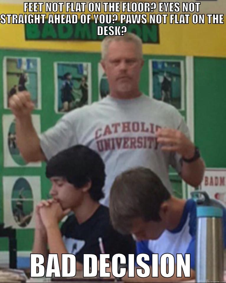 FEET NOT FLAT ON THE FLOOR? EYES NOT STRAIGHT AHEAD OF YOU? PAWS NOT FLAT ON THE DESK? BAD DECISION Misc