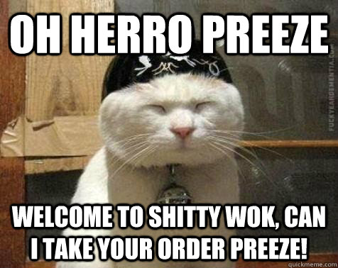 oh herro preeze Welcome to shitty wok, can i take your order preeze!  