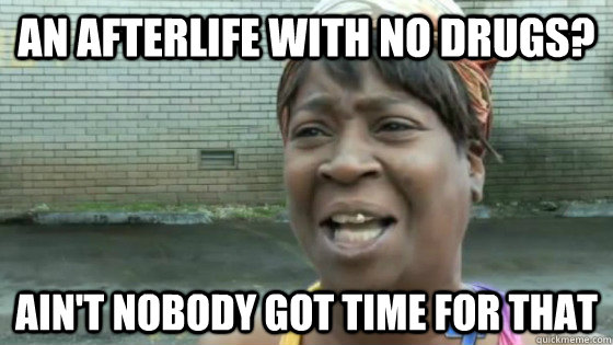 an afterlife with no drugs? Ain't nobody got time for that  SweetBrown