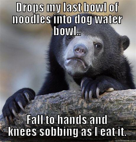 DROPS MY LAST BOWL OF NOODLES INTO DOG WATER BOWL.. FALL TO HANDS AND KNEES SOBBING AS I EAT IT. Confession Bear