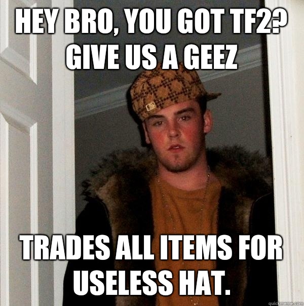 Hey Bro, you got TF2? Give us a geez Trades all items for useless hat.  Scumbag Steve