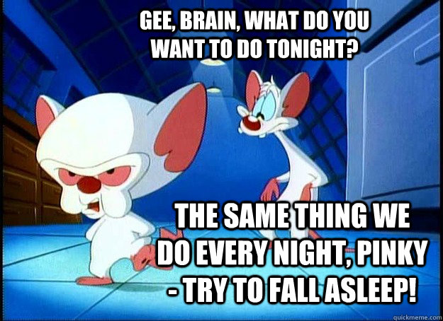 Gee, Brain, what do you want to do tonight? The same thing we do every night, Pinky - try to fall asleep!  Pinky and the Brain