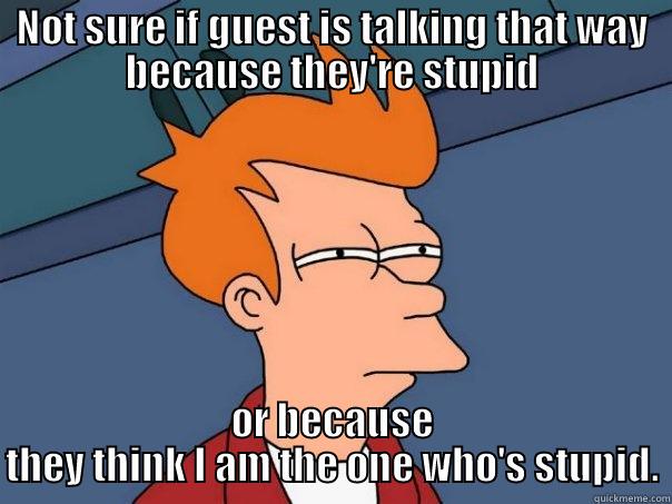 NOT SURE IF GUEST IS TALKING THAT WAY BECAUSE THEY'RE STUPID OR BECAUSE THEY THINK I AM THE ONE WHO'S STUPID. Futurama Fry
