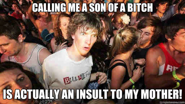 Calling me a son of a bitch 
is actually an insult to my mother!   Sudden Clarity Clarence