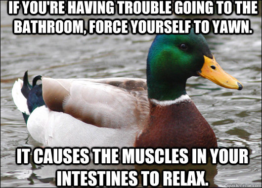 If you're having trouble going to the bathroom, force yourself to yawn. it causes the muscles in your intestines to relax.  Actual Advice Mallard