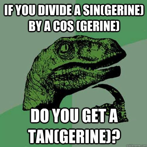 if you divide a sin(gerine) by a cos (gerine) Do you get a tan(gerine)?  Philosoraptor