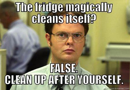 DWIGHT FRIDGE - THE FRIDGE MAGICALLY CLEANS ITSELF? FALSE. CLEAN UP AFTER YOURSELF. Dwight