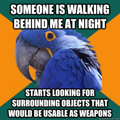 Someone is walking behind me at night Starts looking for surrounding objects that would be usable as weapons  Paranoid Parrot