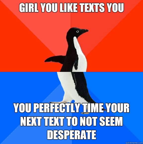 Girl you like texts you You perfectly time your next text to not seem desperate  Socially Awesome Awkward Penguin