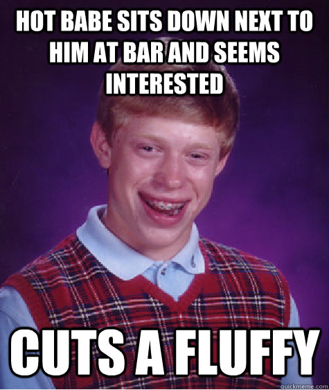 Hot babe sits down next to him at bar and seems interested cuts a fluffy  Bad Luck Brian