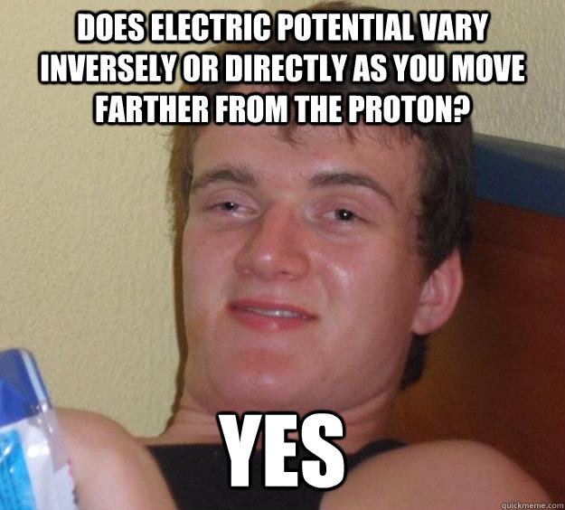 Does Electric potential vary inversely or directly as you move farther from the proton? YES  10 Guy