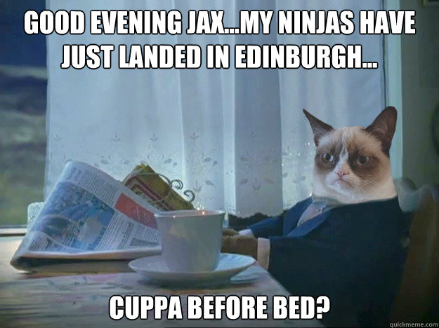 GOOD EVENING JAX...MY NINJAS HAVE JUST LANDED IN EDINBURGH... CUPPA BEFORE BED?  Grumpy Cat Thoughts