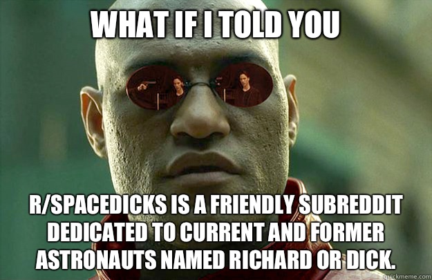 what if I told you R/spacedicks is a friendly subreddit dedicated to current and former astronauts named Richard or Dick.  