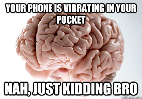 Your phone is vibrating in your pocket Nah, just kidding bro - Your phone is vibrating in your pocket Nah, just kidding bro  Scumbag Brain