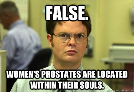 FALSE. WOMEN'S PROSTATES ARE LOCATED WITHIN THEIR SOULS. - FALSE. WOMEN'S PROSTATES ARE LOCATED WITHIN THEIR SOULS.  Dwight K Schrute