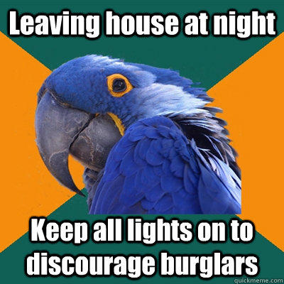 Leaving house at night Keep all lights on to discourage burglars - Leaving house at night Keep all lights on to discourage burglars  Paranoid Parrot