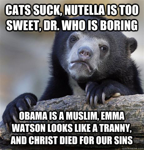 cats suck, nutella is too sweet, dr. who is boring obama is a muslim, emma watson looks like a tranny, and christ died for our sins  Confession Bear