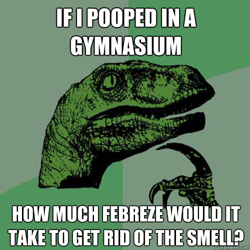 IF I POOPED IN A GYMNASIUM HOW MUCH FEBREZE WOULD IT TAKE TO GET RID OF THE SMELL?  Philosoraptor