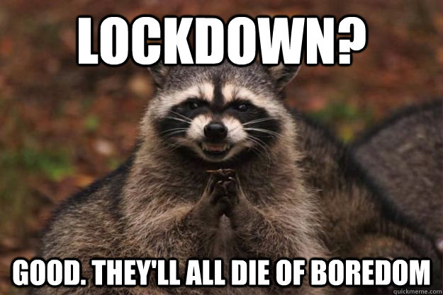 Lockdown?  good. They'll all die of boredom  Evil Plotting Raccoon