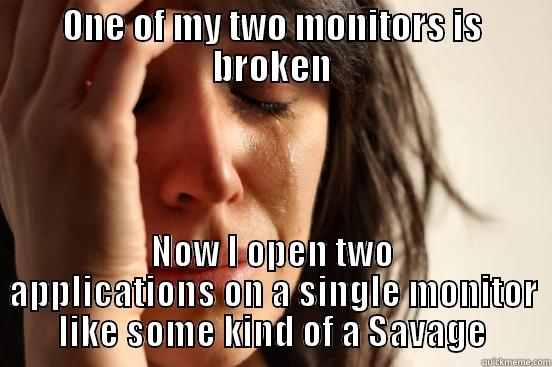 ONE OF MY TWO MONITORS IS BROKEN NOW I OPEN TWO APPLICATIONS ON A SINGLE MONITOR LIKE SOME KIND OF A SAVAGE First World Problems