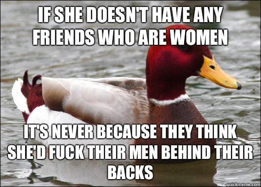 if she doesn't have any friends who are women it's never because they think she'd fuck their men behind their backs  Malicious Advice Mallard