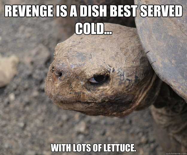Revenge is a dish best served cold... with lots of lettuce.  Insanity Tortoise