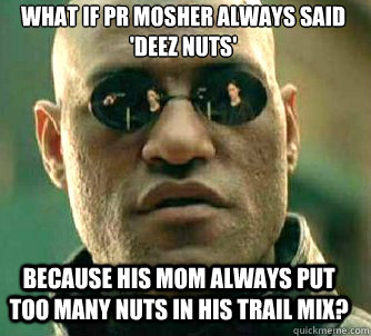 what if pr mosher always said 'deez nuts' because his mom always put too many nuts in his trail mix?  Matrix Morpheus