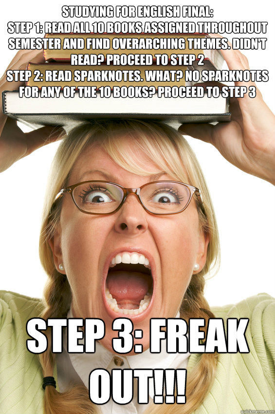 Studying for English final:
Step 1: Read all 10 books assigned throughout semester and find overarching themes. Didn't read? Proceed to step 2
Step 2: Read Sparknotes. What? No sparknotes for any of the 10 books? Proceed to step 3 Step 3: freak out!!! - Studying for English final:
Step 1: Read all 10 books assigned throughout semester and find overarching themes. Didn't read? Proceed to step 2
Step 2: Read Sparknotes. What? No sparknotes for any of the 10 books? Proceed to step 3 Step 3: freak out!!!  Misc