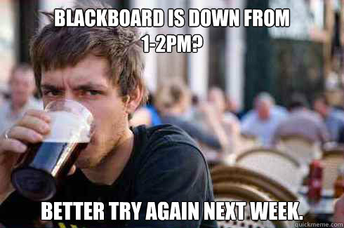 Blackboard is down from 
1-2pm? better try again next week. - Blackboard is down from 
1-2pm? better try again next week.  Misc