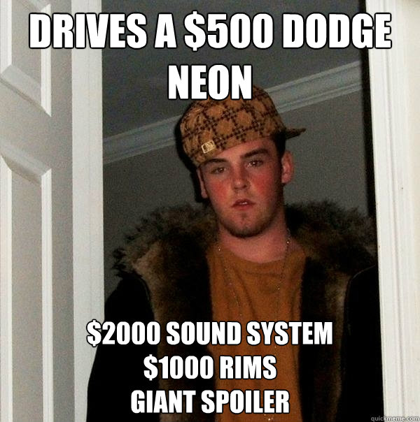 Drives a $500 Dodge Neon $2000 Sound System
$1000 rims
Giant spoiler  Scumbag Steve