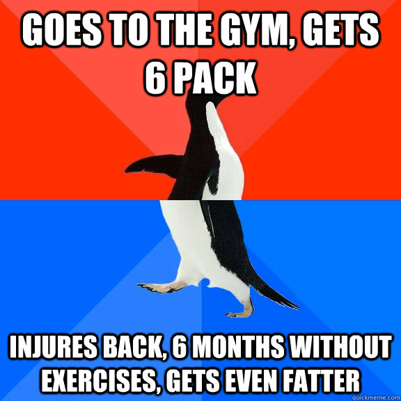 Goes to the gym, gets 6 pack Injures back, 6 months without exercises, gets even fatter  Socially Awesome Awkward Penguin
