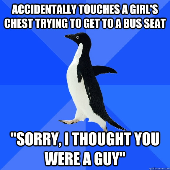 Accidentally touches a girl's chest trying to get to a bus seat  